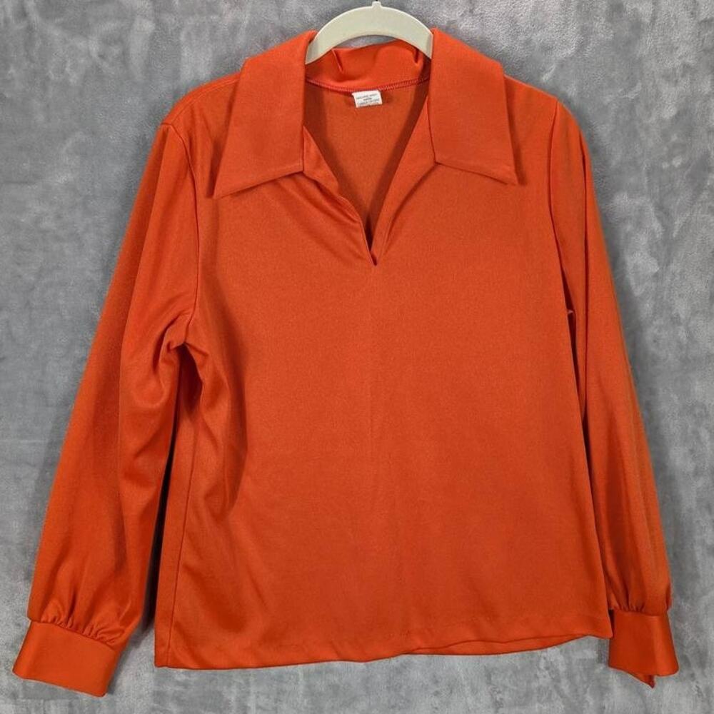 Vintage Shirt Womens 14 Orange Long Sleeve Wide Collar Retro 1970s Layering READ